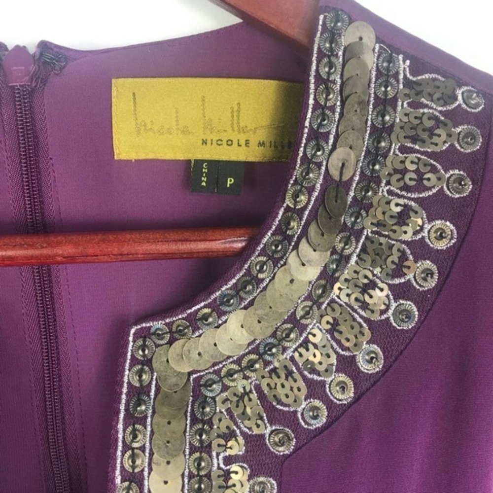 Nicole Miller Purple V Neck Shift Midi‎ Silk Dress Size 0P Indie Luxury Bohemian - Picture 7 of 8